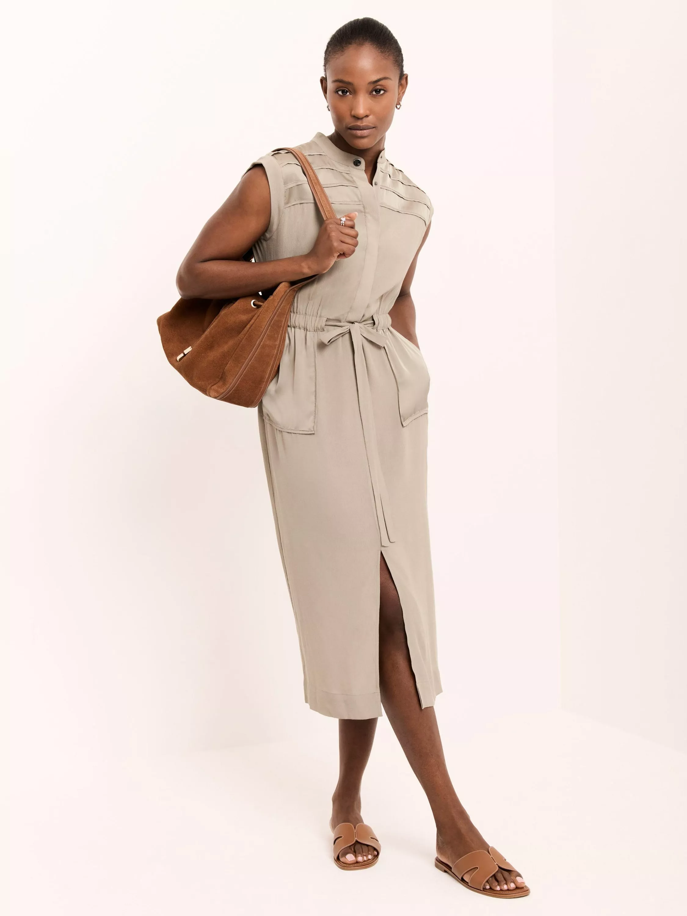 Mint Velvet Satin Panel Utility Midi Dress, Khaki