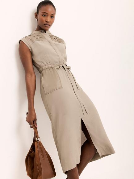 Mint Velvet Satin Panel Utility Midi Dress, Khaki - view 2, Khaki