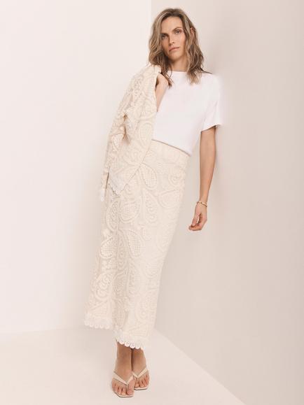 Mint Velvet Paisley Crochet Midi Skirt, Natural, Natural