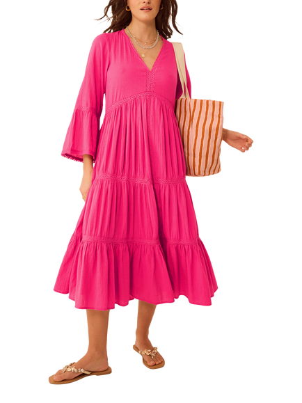 Accessorize Lace Trim Tiered Beach Dress, Pink, Pink