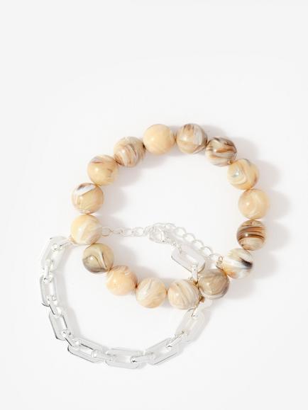 Mint Velvet Beaded and Chain Layered Bracelet, Natural - view 2, Natural