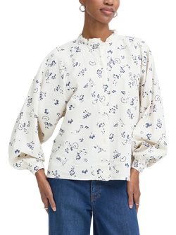 ICHI Qwina Floral Ruffle Shirt, Cream/Blue, Cream/Blue