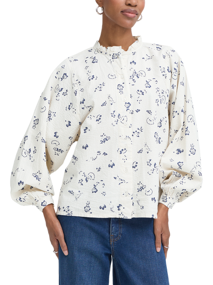 ICHI Qwina Floral Ruffle Shirt, Cream/Blue, Cream/Blue