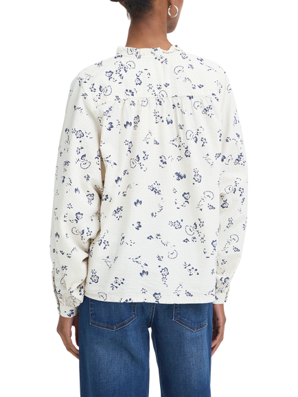ICHI Qwina Floral Ruffle Shirt, Cream/Blue - view 2, Cream/Blue