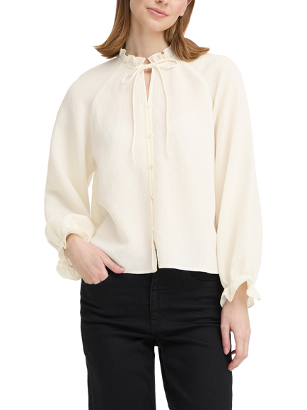 ICHI Eris Ruffle Tie Neck Top, Cloud Dancer, Cloud Dancer
