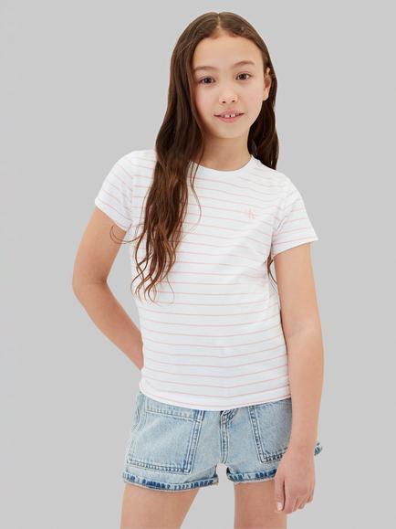 Calvin Klein Kids' Short Sleeve Striped Logo T-Shirt, White, White