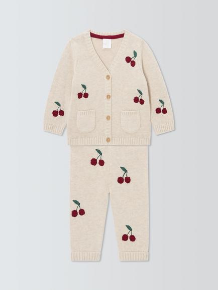 John Lewis Baby Cherry Knit Cardigan & Trousers Set, Natural, Natural