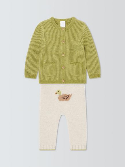 John Lewis Baby Duck Knit Cardigan & Trousers Set, Natural Multi, Natural Multi
