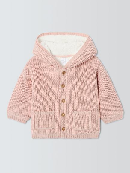 John Lewis Baby Knitted Hooded Cardigan, Pink, Pink