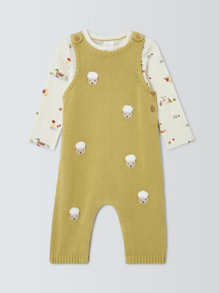 John Lewis Baby Knitted Dungarees & Top Set, Green, Green