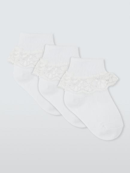 John Lewis Baby Organic Cotton Rich Lace Frill Socks, Pack of 3, White