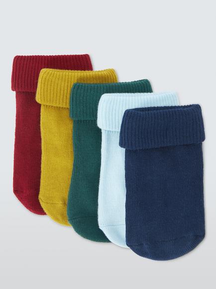 John Lewis Baby Organic Cotton Rich Roll Top Ribbed Socks, Pack of 5, Blue/Multi