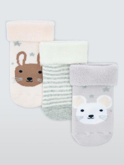 John Lewis Baby Organic Cotton Rich Mouse Terry Socks, Pack of 3, Multi, Multi