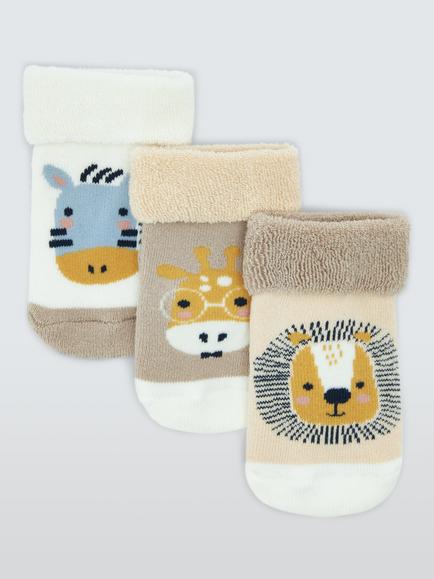 John Lewis Baby Baby Organic Cotton Rich Safari Terry Socks, Pack of 3, Multi, Multi