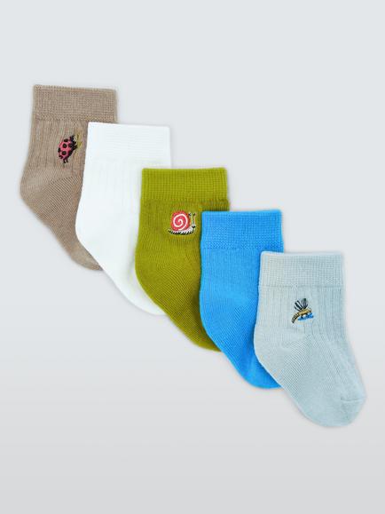 John Lewis Baby Organic Cotton Rich Embroidered Bug Ankle Socks, Pack of 5, Multi, Multi