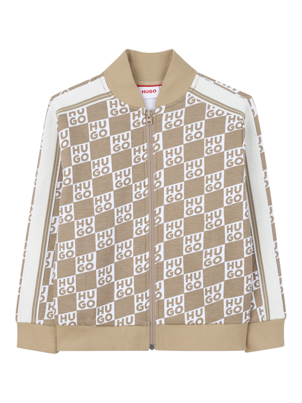HUGO Kids' Monogram Logo Zip Through Cardigan, Stone, Stone