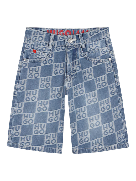 HUGO Kids' Check Denim Shorts, Denim Blue, Denim Blue