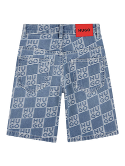 HUGO BOSS Kids' HUGO Check Denim Shorts, Denim Blue - view 2, Denim Blue