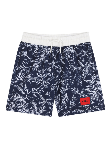 HUGO Kids' Abstract Print Swim Shorts, Blue/White, Blue/White