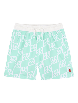HUGO BOSS Kids' Check Logo Swim Shorts, Green/White, Green/White