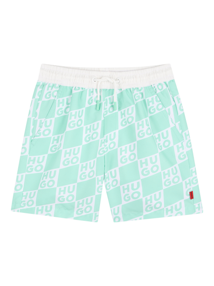 HUGO Kids' Check Logo Swim Shorts, Green/White, Green/White