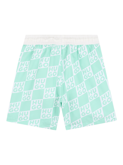 HUGO Kids' Check Logo Swim Shorts, Green/White - view 2, Green/White