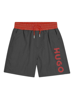 HUGO BOSS Kids' Logo Swim Shorts, Black/Red, Black/Red