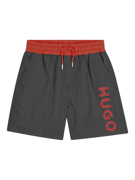 HUGO Kids' Logo Swim Shorts, Black/Red, Black/Red