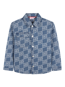HUGO Kids' Logo Check Denim Shirt, Denim Blue, Denim Blue
