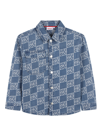 HUGO Kids' Logo Check Denim Shirt, Denim Blue, Denim Blue