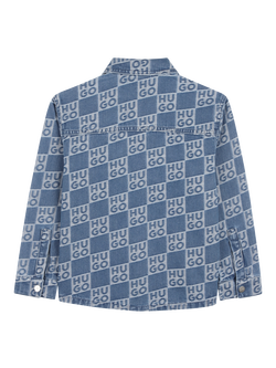 HUGO Kids' Logo Check Denim Shirt, Denim Blue - view 2, Denim Blue