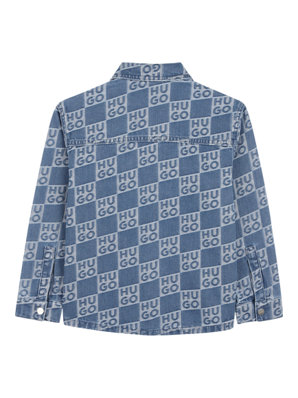 HUGO Kids' Logo Check Denim Shirt, Denim Blue - view 2, Denim Blue
