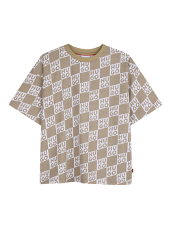 HUGO BOSS Kids' Short Sleeve Grid Logo Loose T-Shirt, Stone