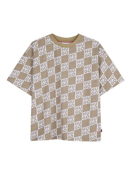 HUGO Kids' Short Sleeve Grid Logo Loose T-Shirt, Stone
