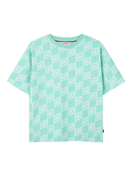 HUGO Kids' Short Sleeve Grid Logo Loose T-Shirt, Green