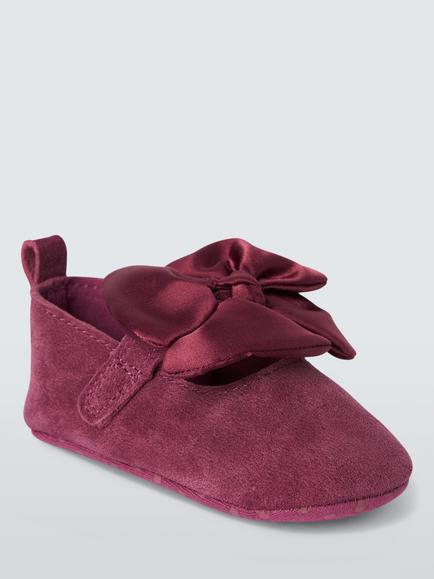 John Lewis Baby Bow Suede Pram Shoes, Pink, Pink