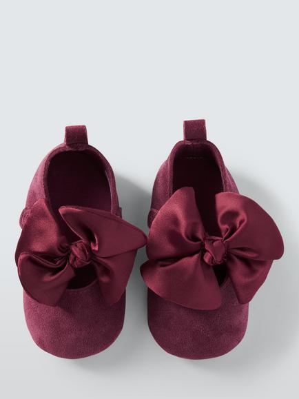 John Lewis Baby Bow Suede Pram Shoes, Pink - view 2, Pink