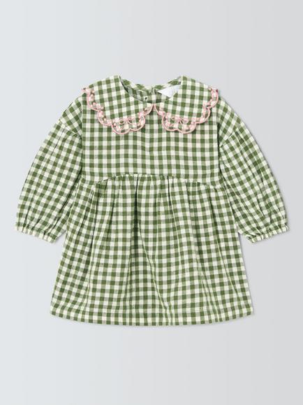 John Lewis Baby Gingham Scallop Collar Dress, Green Gingham, Green Gingham