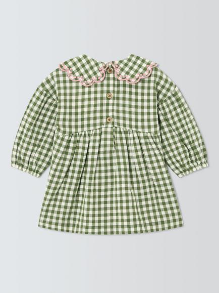 John Lewis Baby Gingham Scallop Collar Dress, Green Gingham - view 2, Green Gingham