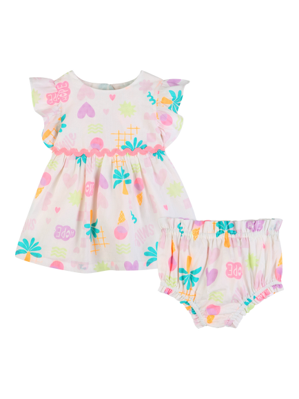 Billieblush Baby Short Sleeve Dress and Bloomer Set, Ivory/Multi, Ivory/Multi