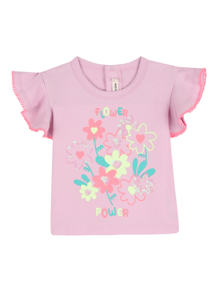 Billieblush Baby Flower Flounce Sleeve Cotton T-Shirt, Lilac/Multi, Lilac/Multi