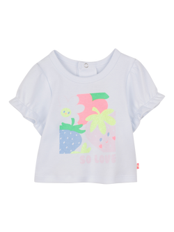 Billieblush Baby Fruit and Faces Ruffled Short Sleeve Cotton T-Shirt, White/Multi, White/Multi