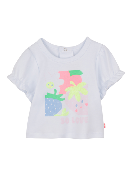 Billieblush Baby Fruit and Faces Ruffled Short Sleeve Cotton T-Shirt, White/Multi, White/Multi