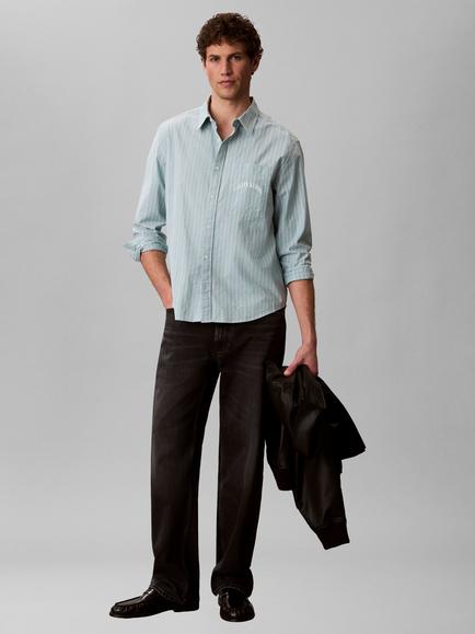 Calvin Klein Woven Cotton Blend Regular Fit Stripe Shirt, Wild Green, Wild Green