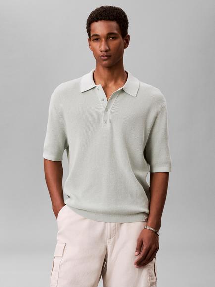 Calvin Klein Cotton Waffle Long Sleeve Polo Top, Pale Meadow