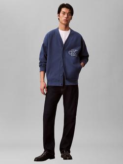 Calvin Klein Cotton Rich Double Ribbed Textured Knit Cardigan, Dark Denim, Dark Denim