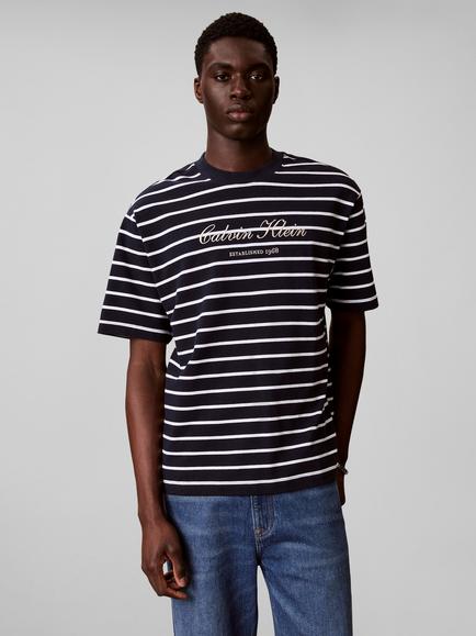 Calvin Klein Cotton Regular Fit Short Sleeve Stripe T-Shirt, Dark Sapphire - view 2, Dark Sapphire