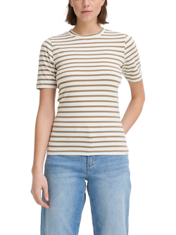 ICHI Mira Crew Neck Stripe T-Shirt, Sepia Tint/Cloud
