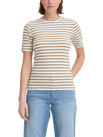 ICHI Mira Crew Neck Stripe T-Shirt, Sepia Tint/Cloud