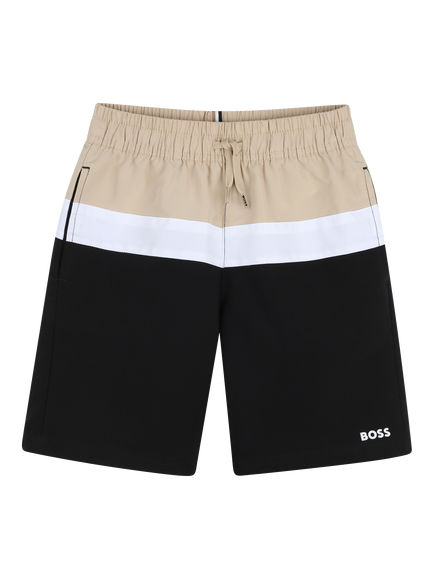 BOSS Kids' Colour Block Swim Shorts, Black/Brown/White, Black/Brown/White